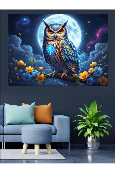 KanvasSepeti Bufniță în lumină albastră Pictură în ulei de înaltă calitate te...