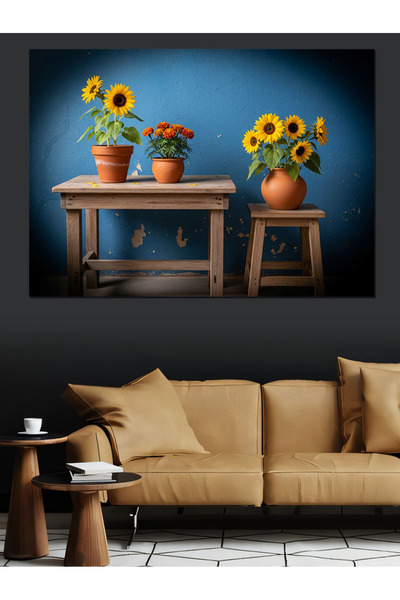 KanvasSepeti Floarea-soarelui și albastru cobalt i Pictură în ulei de înaltă ...