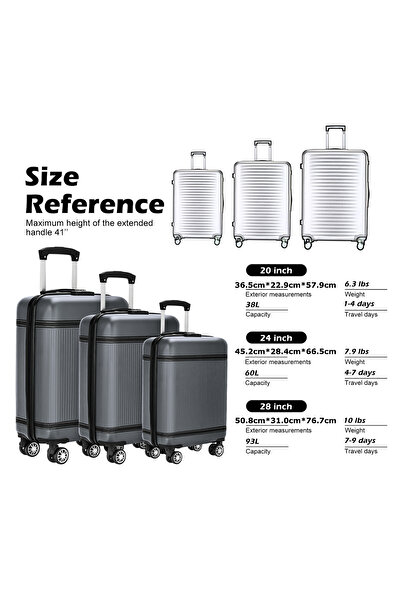 AZZHAAR Luggage Set 3-piece Hard Shell Suitcase TSA Lock with Universal Wheels ABS Durable Upright Luggage