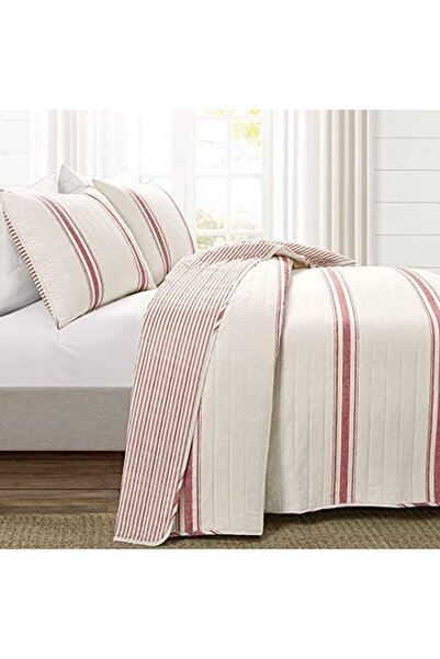Yıldızan goldpath Lush Çiftlik Evi Çizgili 3 Parça Yorgan Seti, Kırmızı, Tam/...