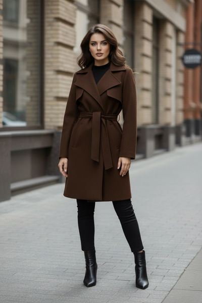 Pitti معطف نسائي بحزام وبطانة بنية اللون 70424