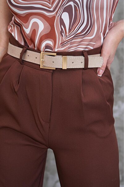 MODAM HİFA Square Gold Buckle Suede Women's Belt Trouser Belt Dress Belt Waist Belt Body Belt Shirt