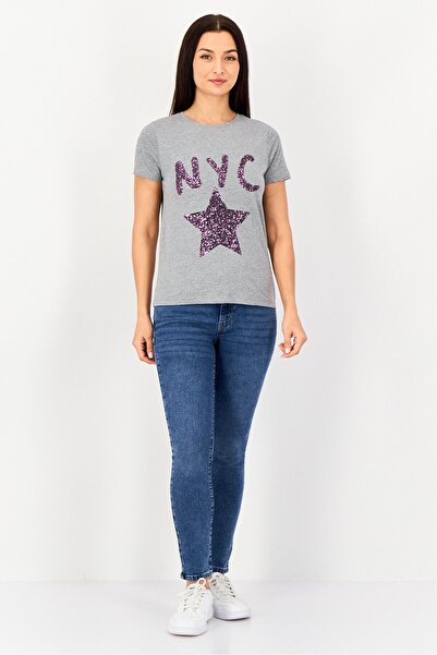 JDY Women Crew Neck Short Sleeve Graphic T Shirt, Grey