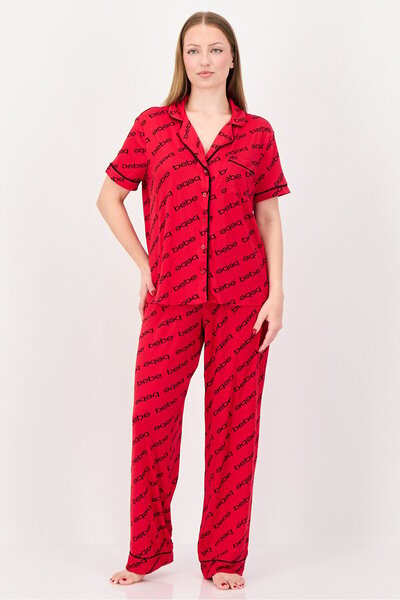 Bebe Women 2 Pieces Sleepwear Pyjama Top and Pants Set, Red