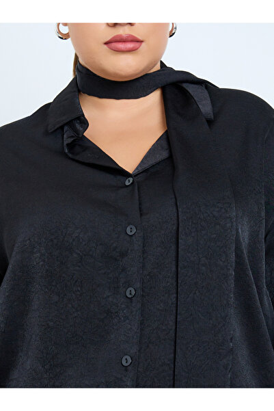 Styli Plus Size Black Satin Scarf Shirt