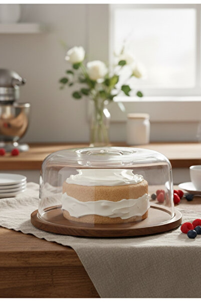 Yavuzhan Metal Şık Ahşap Tabanlı ve Şeffaf Kapaklı Kek / Pasta Fanusu ve Sunum Tabağı