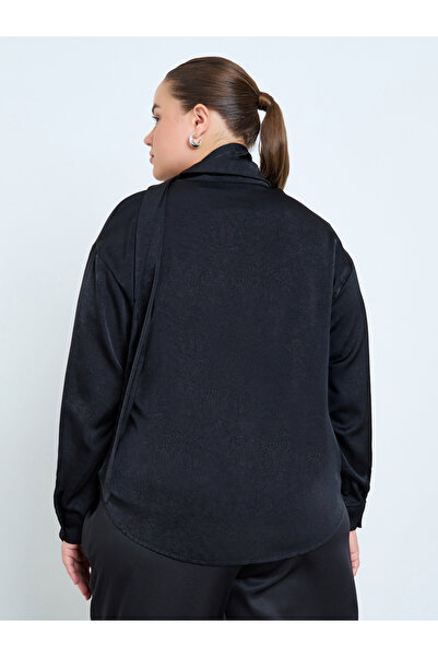 Styli Plus Size Black Satin Scarf Shirt