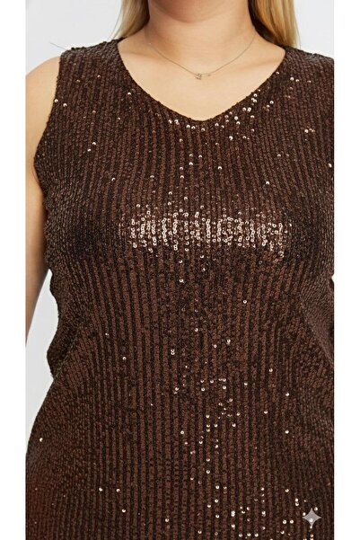 RMG Sequined Plus Size Zero Sleeve Coffee Blouse
