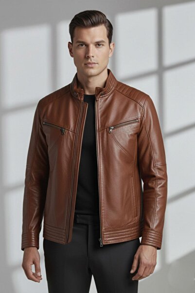 Deriderim Taba Hector Hakim Collar Zippered Lined Men's Genuine Leather Coat