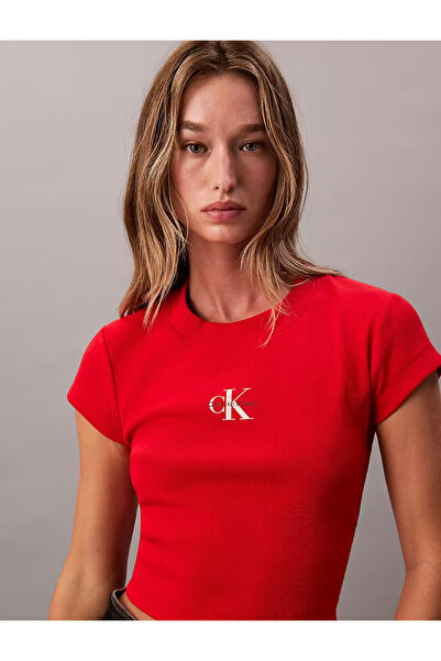 Calvin Klein Women's Round Neck Short Sleeve Short Red T-Shirt Lv047Ab802-Vmt