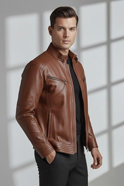 Deriderim Taba Hector Hakim Collar Zippered Lined Men's Genuine Leather Coat