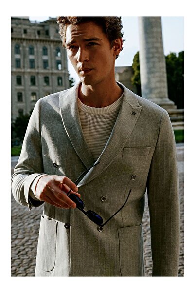 LC Waikiki Men's Grey-Beige Slim Fit Slim Fit Swallow Collar Striped Bag Pock...