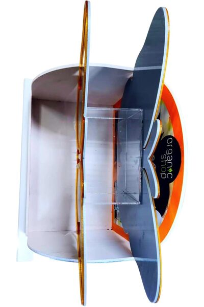 Generic Butterfly Shaped Tanning Display Stand, Blue and Gold, White Base, Decorative Counter Display