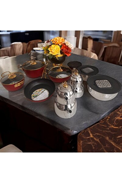 BARITCIOGLU Luxury Granite Cookware Set Slanted Teapot 18 Pieces