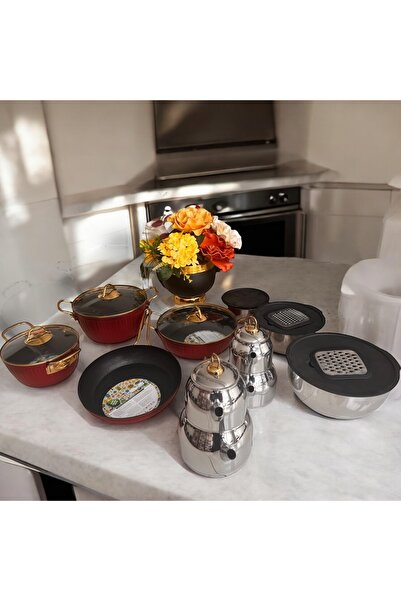 BARITCIOGLU Luxury Granite Cookware Set Slanted Teapot 18 Pieces