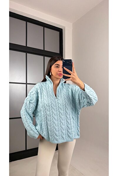 Gaus Light Blue Zippered Hair Braided Sweater Gaus-00855