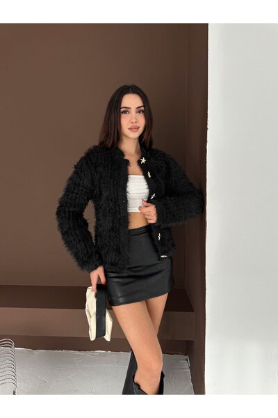 Paraf style Star Button Plush Textured Women's Cardigan