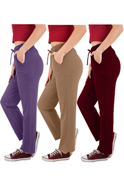 ASN concept Women's Viscose Fabric 3-Pack Burgundy/Purple/Brown Sweatpants (with Plus Size Option)