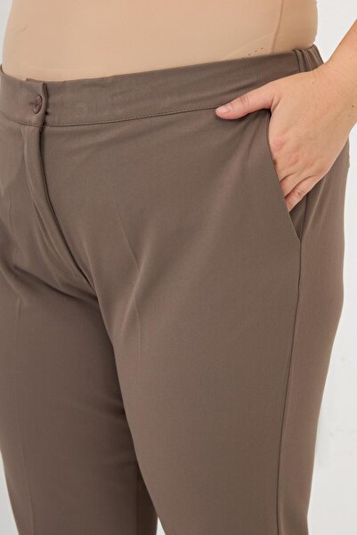 RMG Elastic Waist Leg Mini Slit Plus Size Fabric Trousers Mink