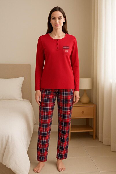 MODA 3 Buttons Long Sleeve Cotton Women Pajama Set