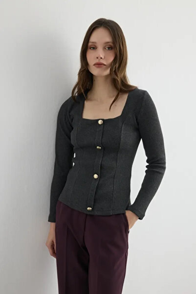 Gusto Square Neck Cotton Knitted Blouse - Smoked