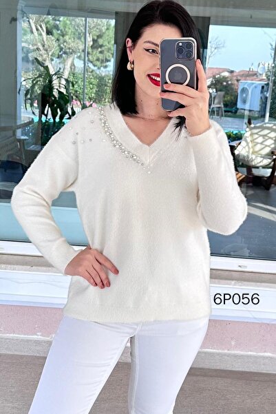 İnce Topuk Prive Series Pearl Beard Knitwear Blouse 6P056