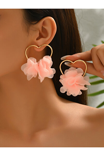 Take Two By Styli Gold Heart Hoop Earrings with Peach Flower Detail