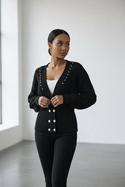 NEWCO كارديجان نسائي أسود من التريكو – ياقة على شكل حرف V، أزرار لؤلؤية مزدوج...