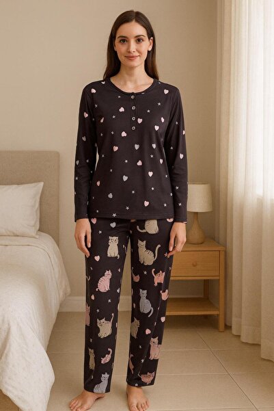 MODA 3 Buttons Long Sleeve Cotton Women Pajama Set