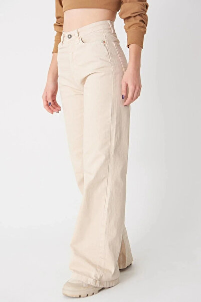 kleshus Chn Krem Palazzo Stretch Fabric High Waist Loose Cream Denim Jeans Ne...