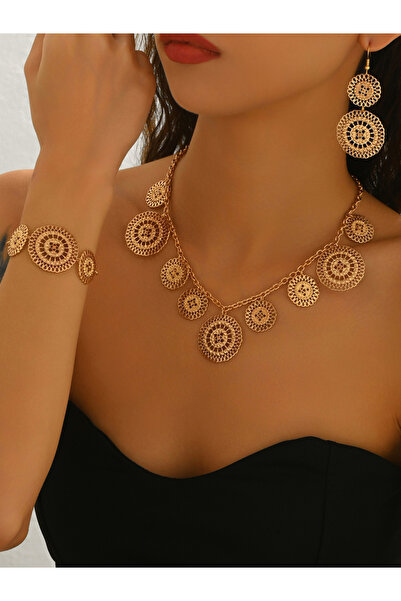 Take Two By Styli طقم قلادة وأقراط منحوتة دائرية مجوفة