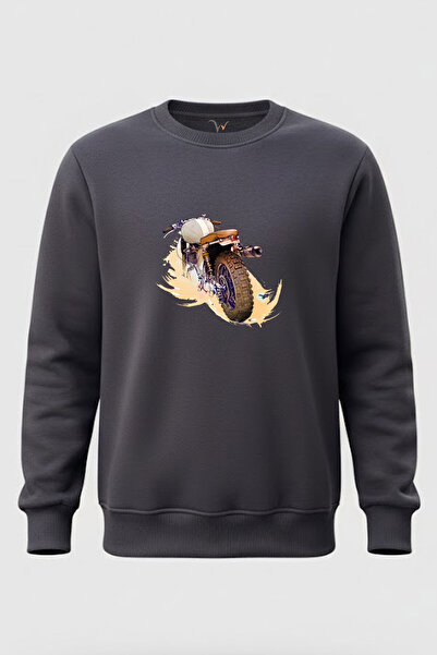 WİDİ Motorcycle Old Chopper Printed 100% Cotton Regular Fit Crew Neck 3 Thread Ş Fleece-Lined Sweatshirt