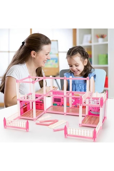 Generic Doll House with Light DIY Princess House Toy with 1 string light 3 Floors 7 Rooms 2 Dolls 3 Terraces