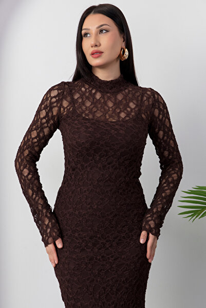 PULLIMM ψηλός λαιμός Φόρεμα με μακρύ μανίκι με επένδυση από δαντέλα DKS1362-1