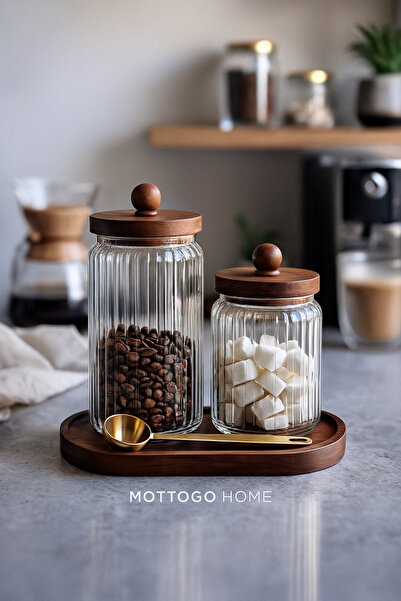 Mottogo Set of 2 Acacia Vacuum Lid Glass Jars 1300ml - 950ml with Gold Spoon ...