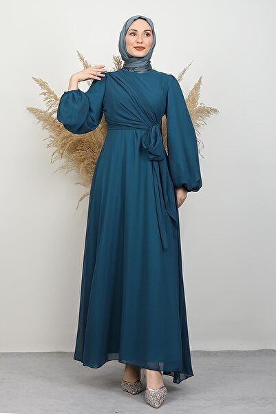 GİYZAMİLA Tie Detail Chiffon Dress Petrol