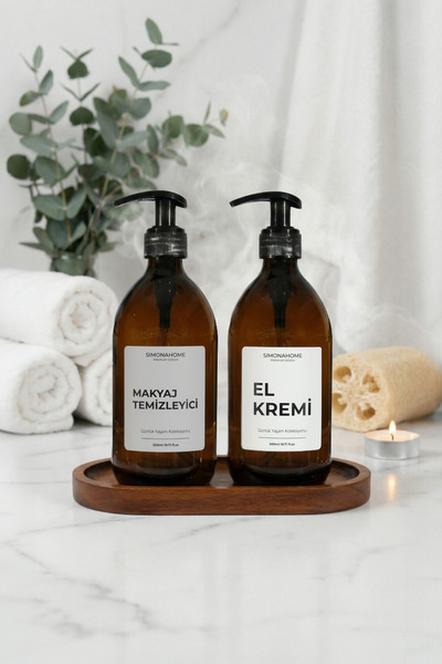 Simona Home زجاجة كهرمانية منتفخة مكونة من قطعتين مع حامل خشبي، مزيل مكياج وك...