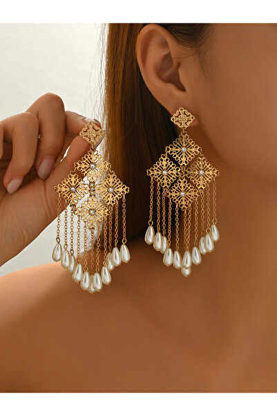 Take Two By Styli Women Gold Rhombus Dangle Earrings