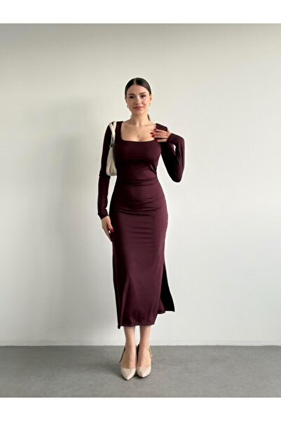 bbeox.com Kare Yaka Bel Büzgülü Elbise