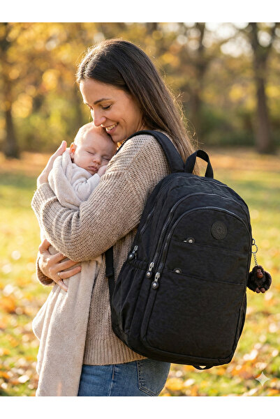 nacar çarşı حقيبة ظهر متعددة الأقسام من القماش المجعد باللون الأسود للعناية ب...