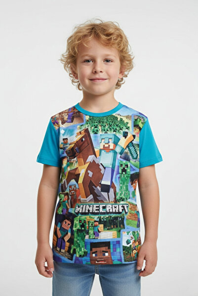 Vaxy Style Erkek Çocuk Bisiklet Yaka Relax Fit Pamuklu Minecraft Karakterli M...