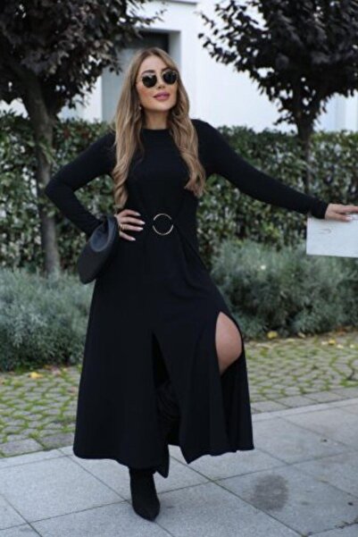 Mossta Φόρεμα με μακρύ μανίκι από βισκόζη με διακοσμητικό σχιστόλοιπο λουράκι - Μαύρο