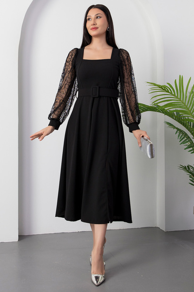 PULLIMM Square Neck Sleeves Flocking Belted Scuba Dress 2025-4374