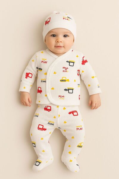 EFU BABY 3lü Kepçe Desenli %100 Pamuklu Bereli Erkek Bebek Yenidoğan Zıbın Set