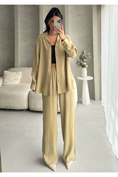 BEJNA Women's Oil Green Metal Button Detailed Flowy Silky Modal Bottom Top Set