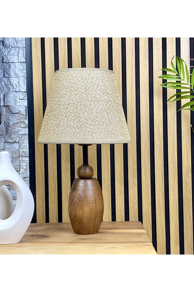 Decodelight Wooden Walnut Color Ellipse Base Hazeran Pleated Straw Hat Lampsh...