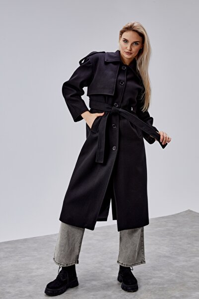 Bolivente معطف مارفيللا الأسود الفاخر ذو الأكمام الطويلة مع تفاصيل مطرزة