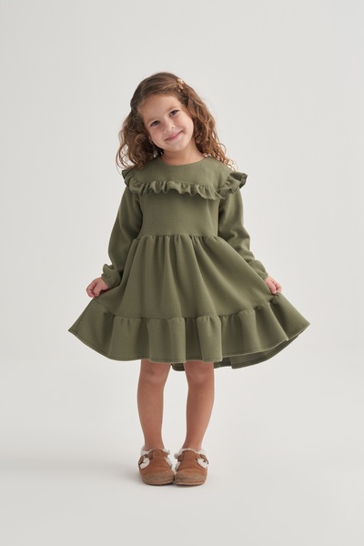 EBU Prive Girl's Corded Fabric Layers Ruffle Dress Green