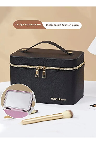 SaudiLuxe Hub حقيبة أدوات مكياج للسفر مع مرآة مكياج باللون الأسود