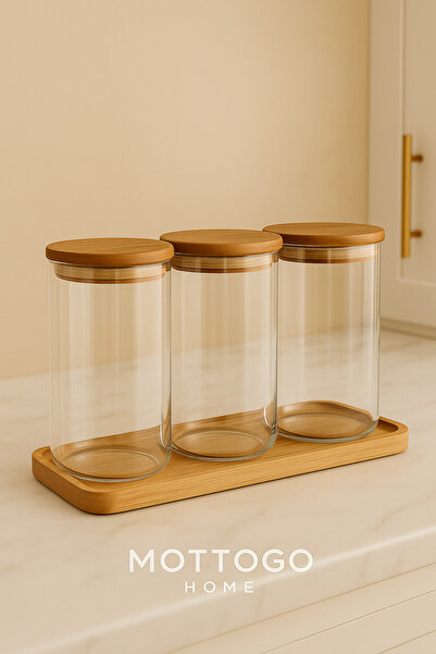 Mottogo Set of 3 Glass Jars – Kitchen Storage Container Set with Bamboo Lids and Bamboo Base
